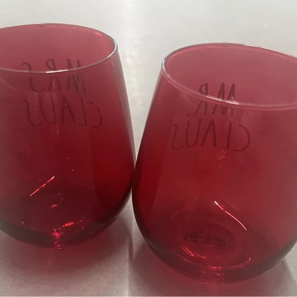 Set of 2 Red Stemless Wine Glasses with “Mr Claus” and “Mrs Claus” by Rae Dunn - Picture 3 of 3